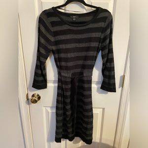 R & K Sweater Dress. Stripe, black and gray, with black tie belt. Size S.